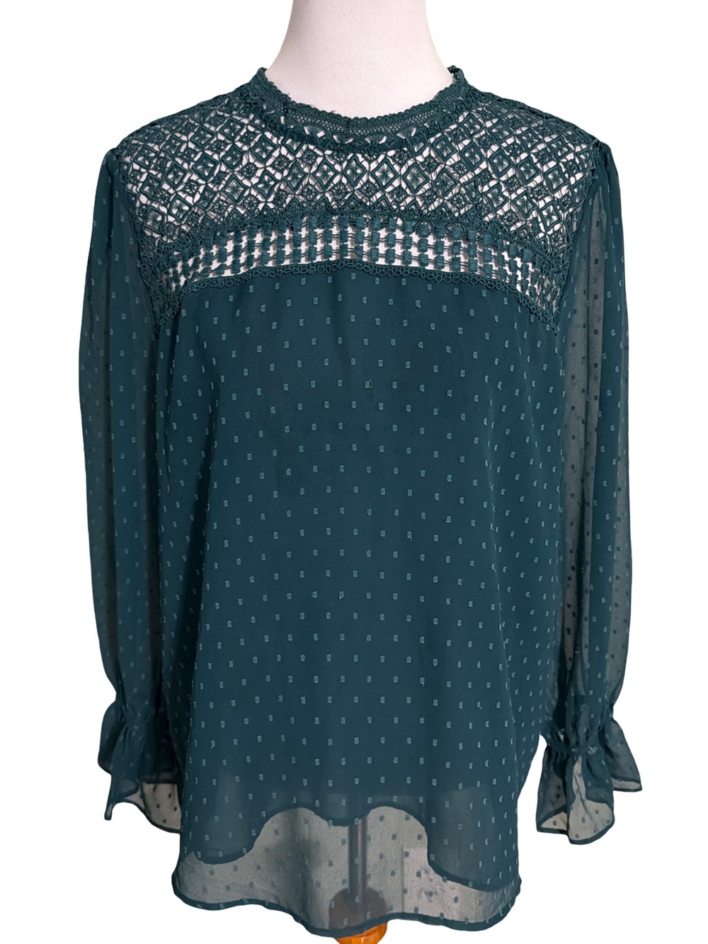 LOFT Teal Lace Yoke Long Sleeve Blouse Sheer Sleeves